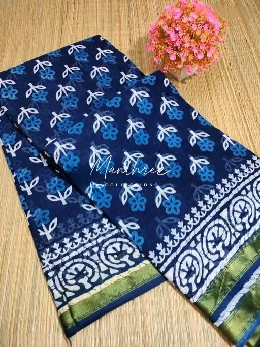 Ethnic chanderi cotton indigo print saree
