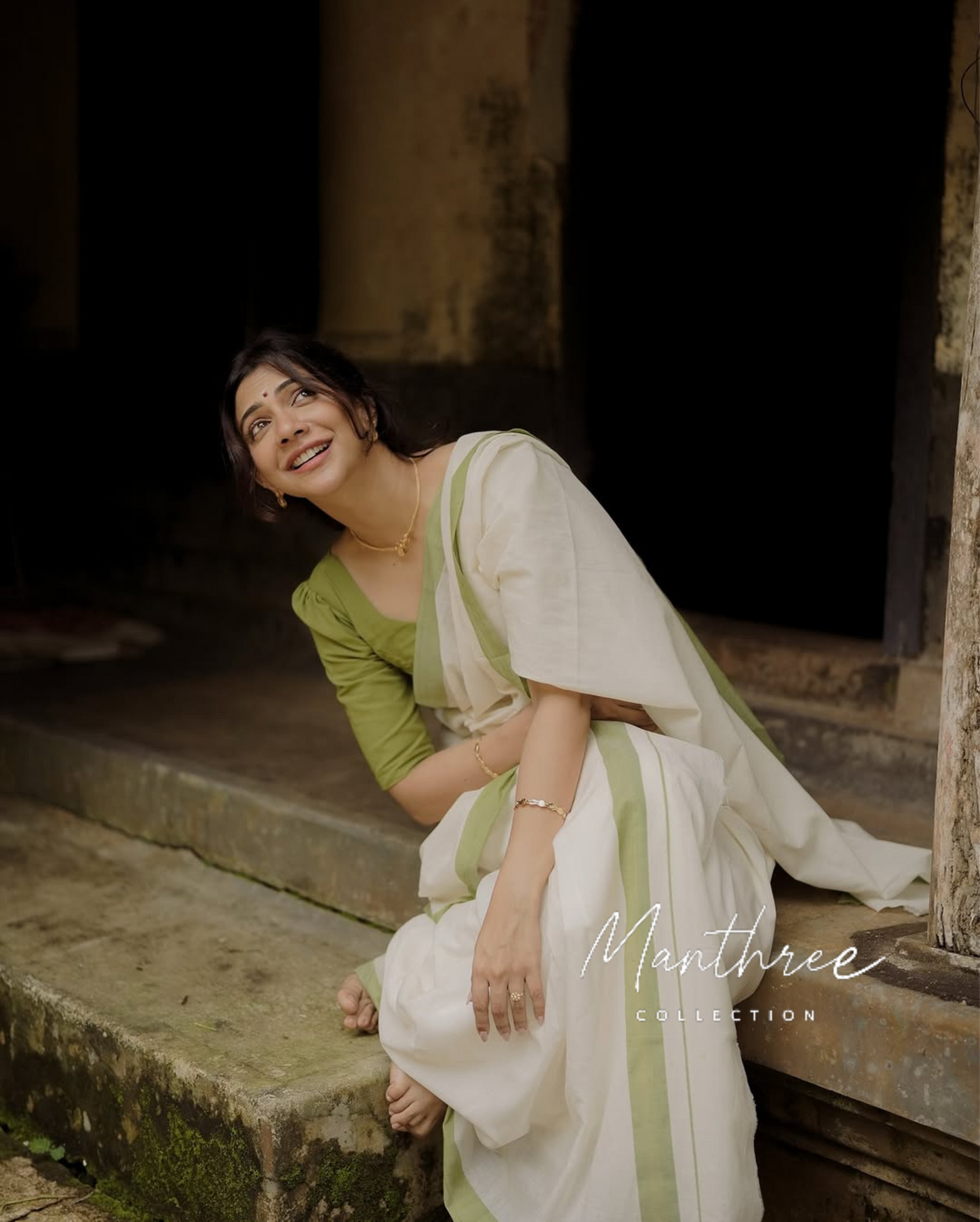 Madonna sabastian olive kasavu saree