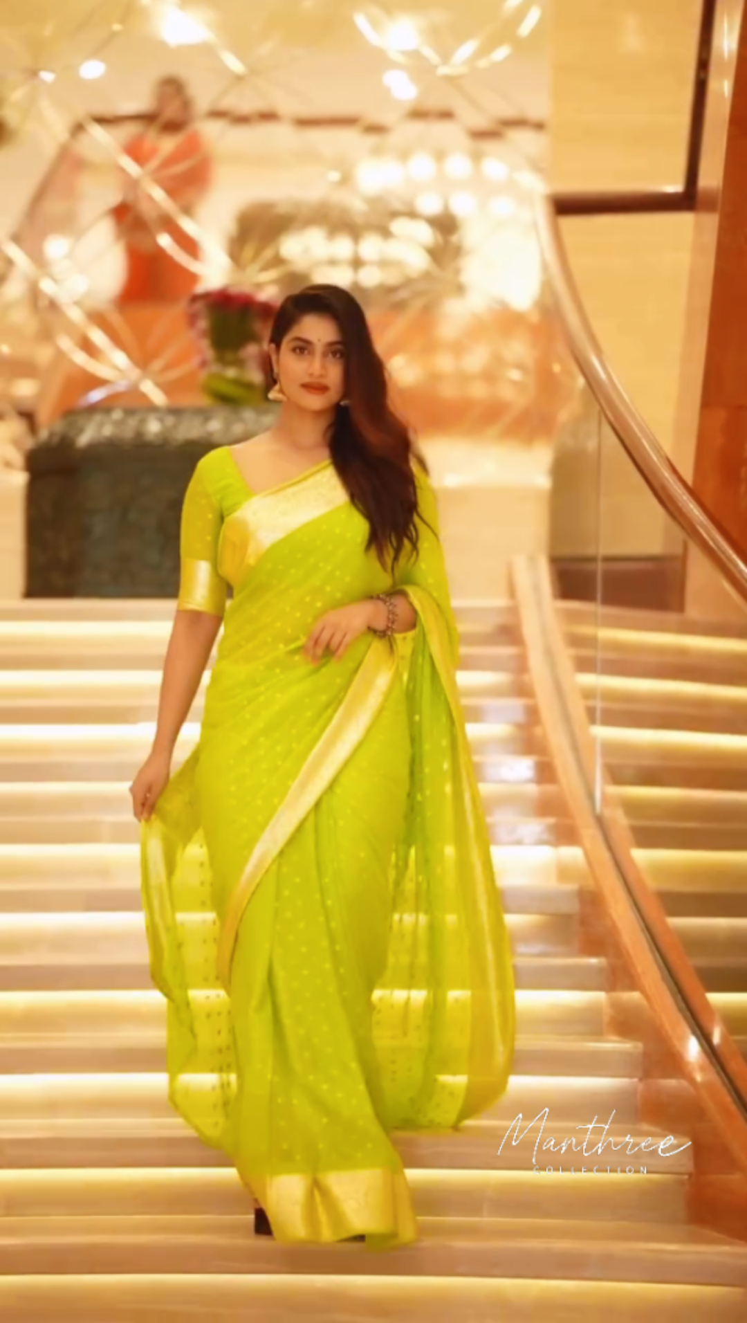Shivani in parrot green saree