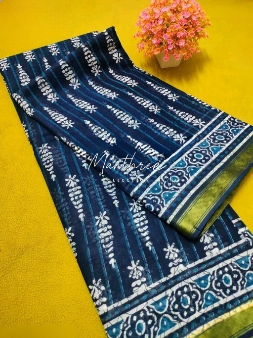 Ethnic chanderi cotton indigo print saree
