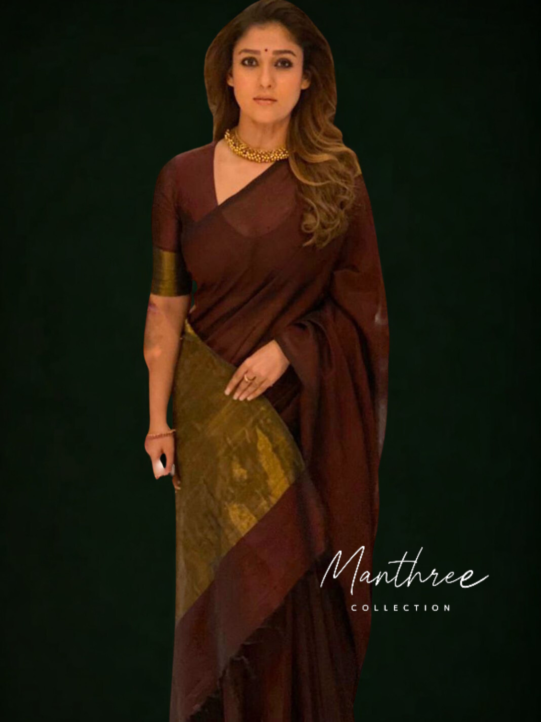 Nayanthara maroon cotton Tissue zari pallu with gold border blouse