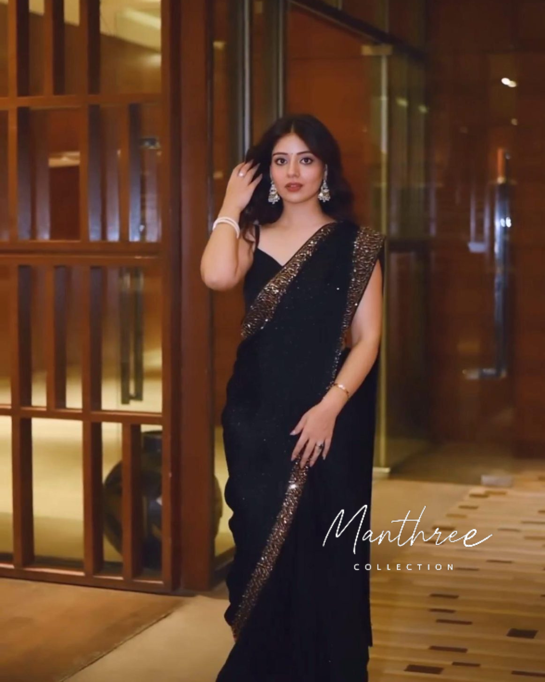 Beautiful Black Color Georgette Thread Sequence Work Saree