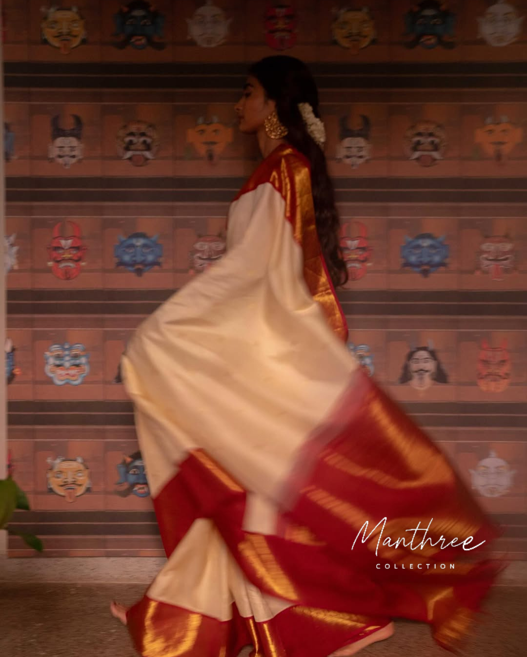 Pooja cream and red kanchipuram silk saree