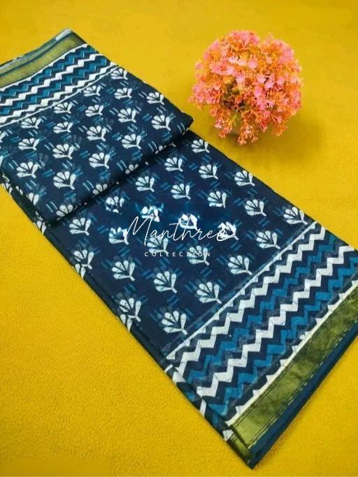 Ethnic chanderi cotton indigo print saree