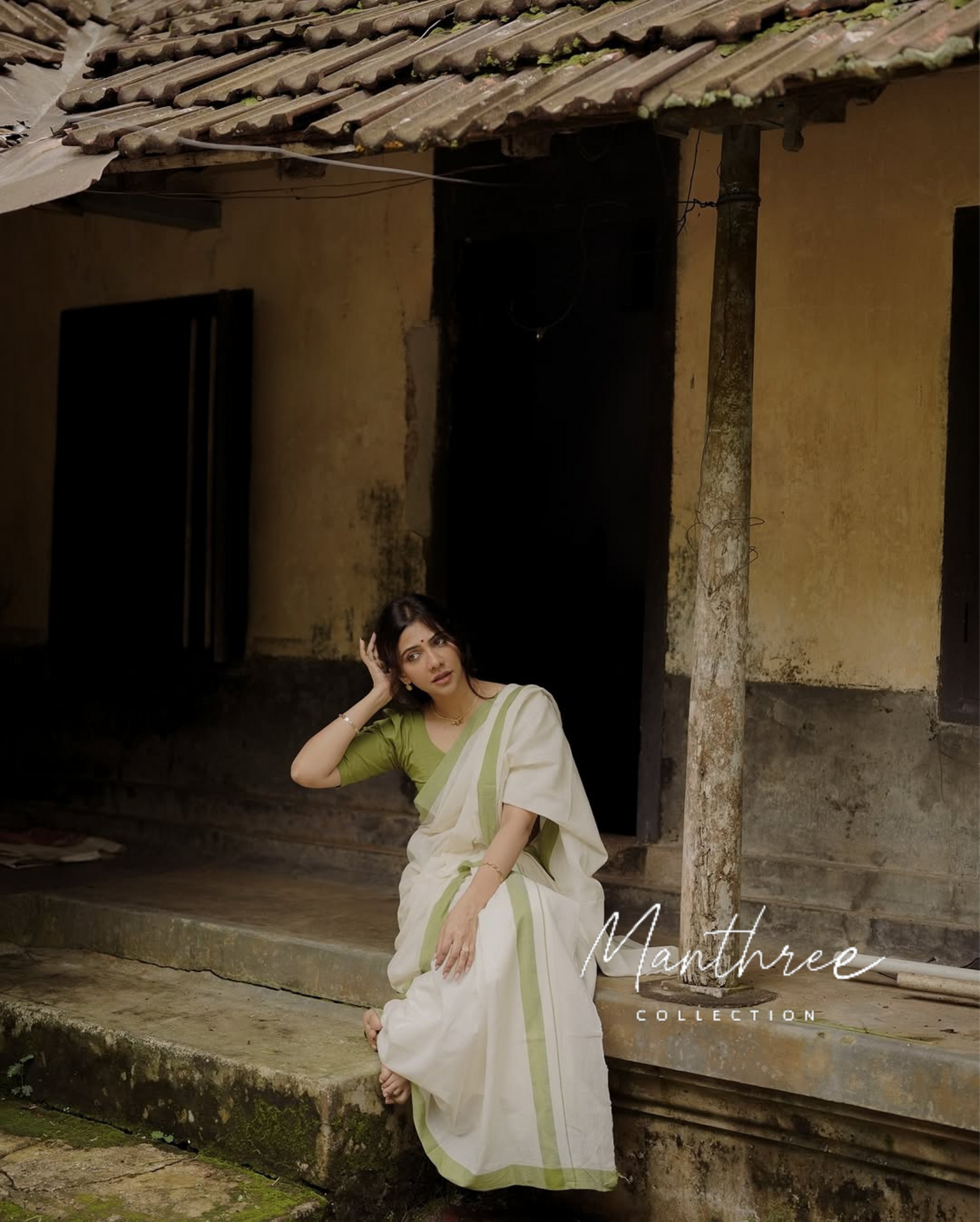 Madonna sabastian olive kasavu saree