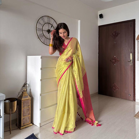 Yellow pink tissue silk saree