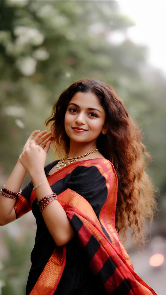 Manthree Kuthampully Handloom Black Cotton Saree with Peacock Motifs Border