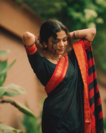 Manthree Kuthampully Handloom Black Cotton Saree with Peacock Motifs Border