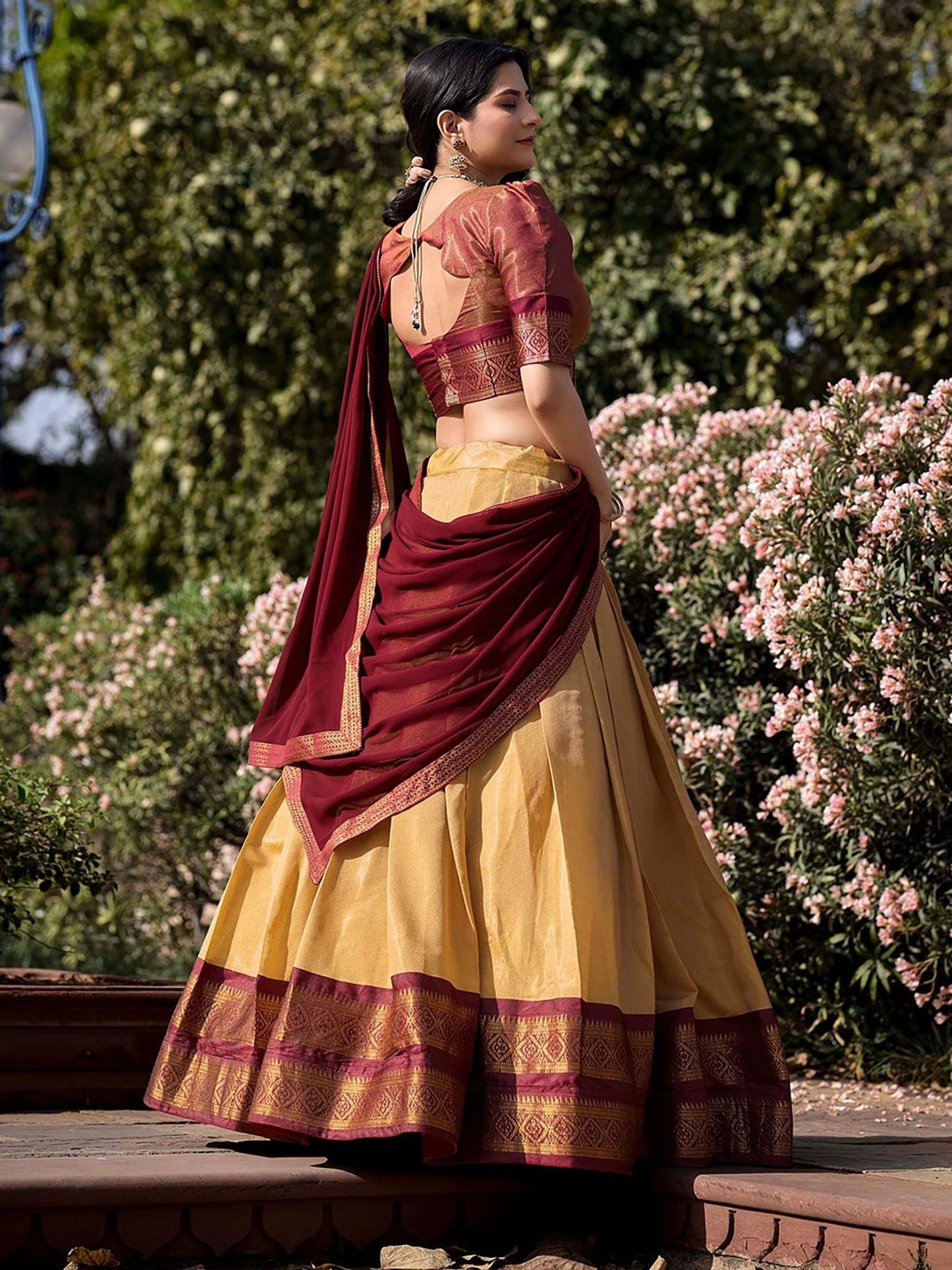 South-Style Kanchipuram Silk Lehenga & Unstitched Blouse with Dupatta