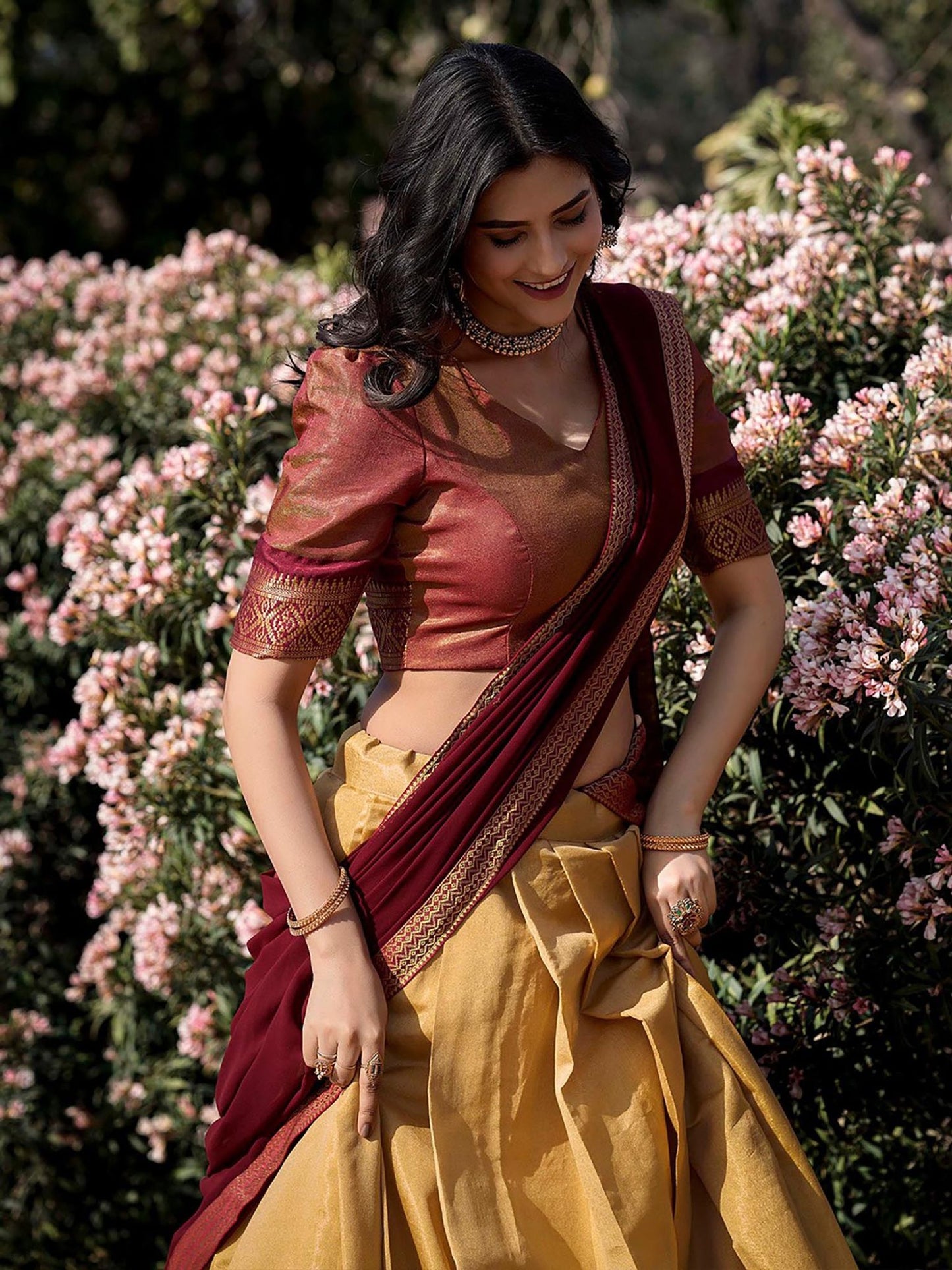 South-Style Kanchipuram Silk Lehenga & Unstitched Blouse with Dupatta