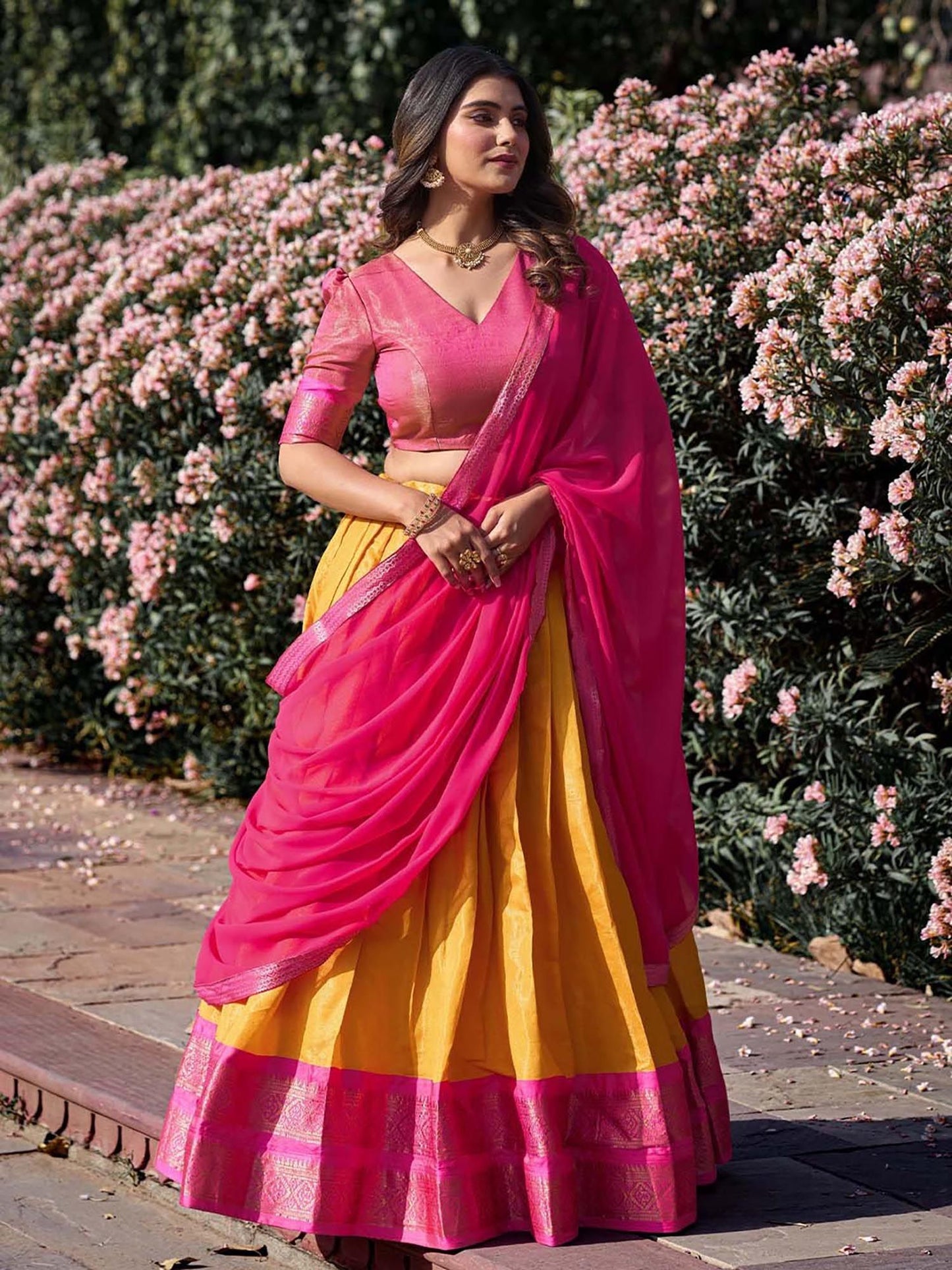 South-Style Kanchipuram Silk Lehenga & Unstitched Blouse with Dupatta