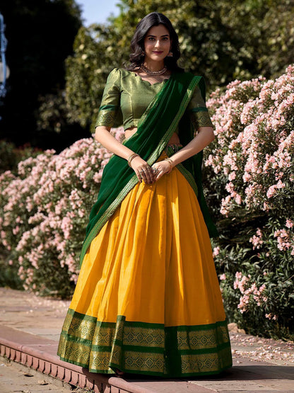 South-Style Kanchipuram Silk Lehenga & Unstitched Blouse with Dupatta