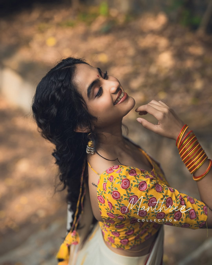 White & yellow blouse Half saree