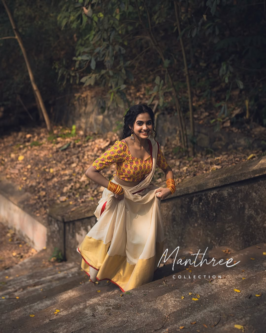 White & yellow blouse Half saree