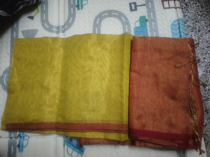Yellow pink tissue silk saree