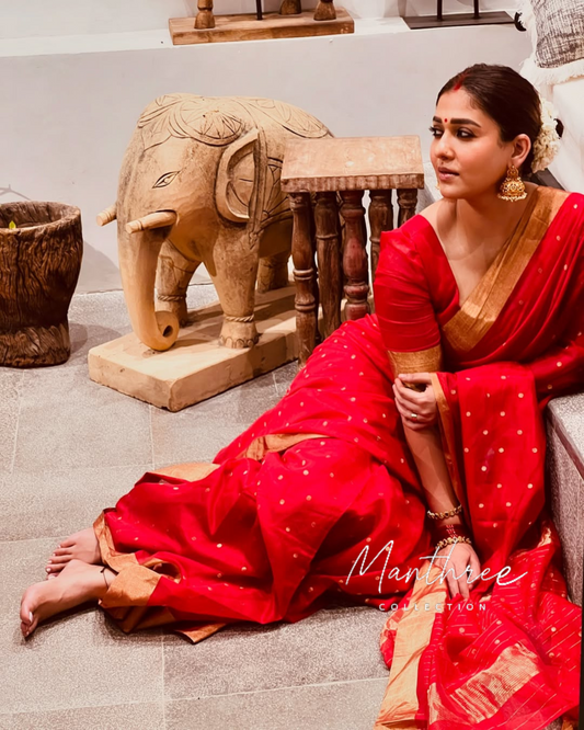 Nayanthara red kanjeevaram soft silk saree