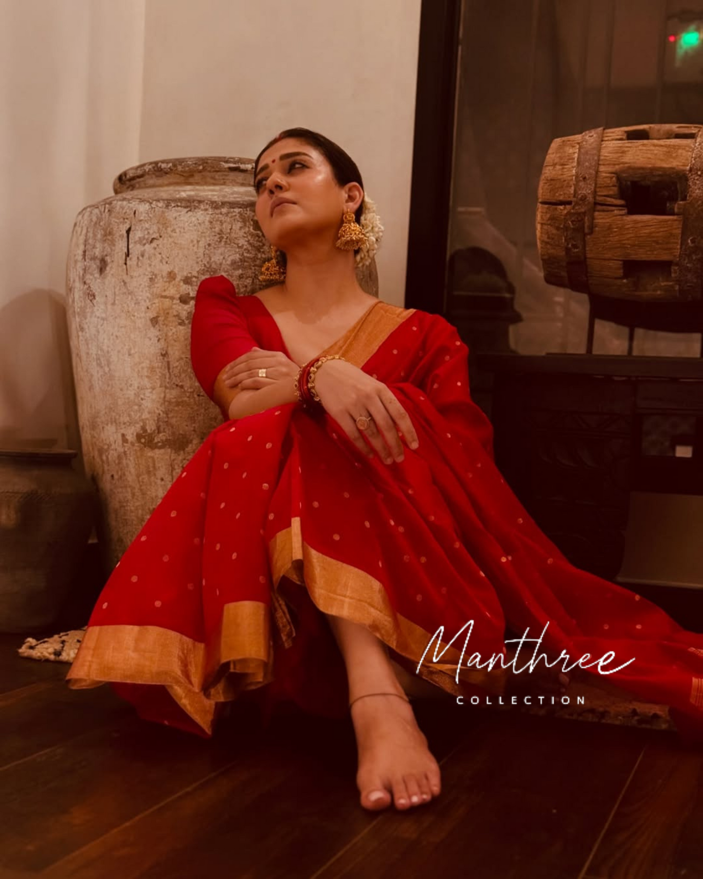 Nayanthara red kanjeevaram soft silk saree