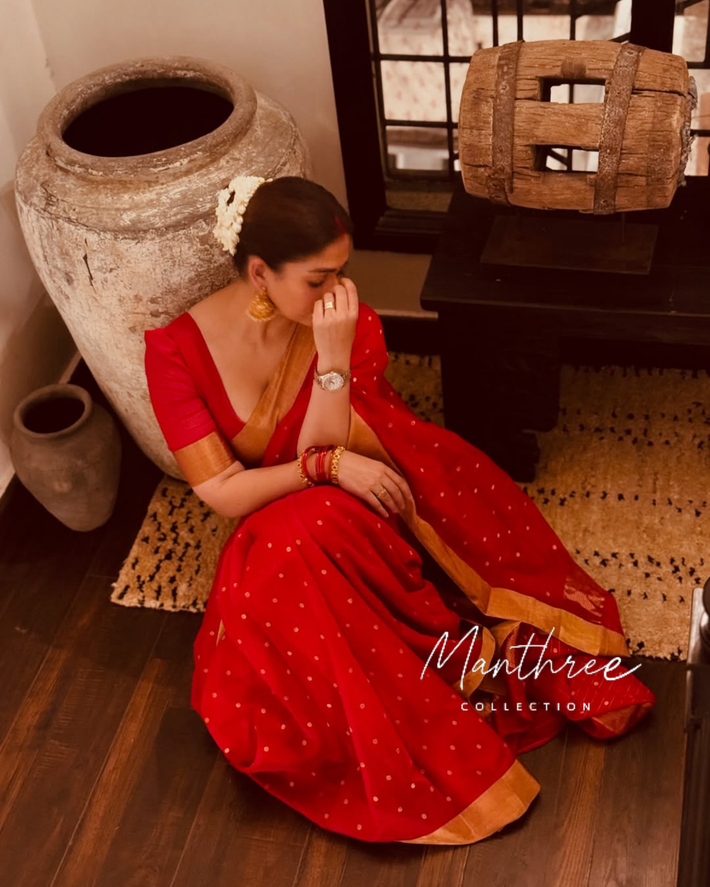 Nayanthara red kanjeevaram soft silk saree