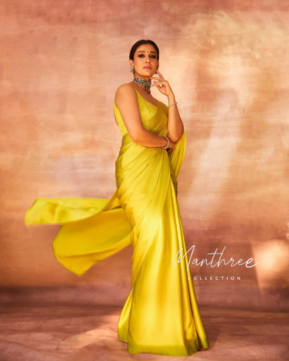Nayanthara yellow satin saree