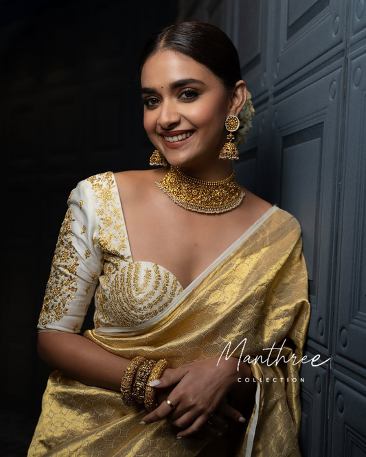 keerthy suresh gold tissue silk saree