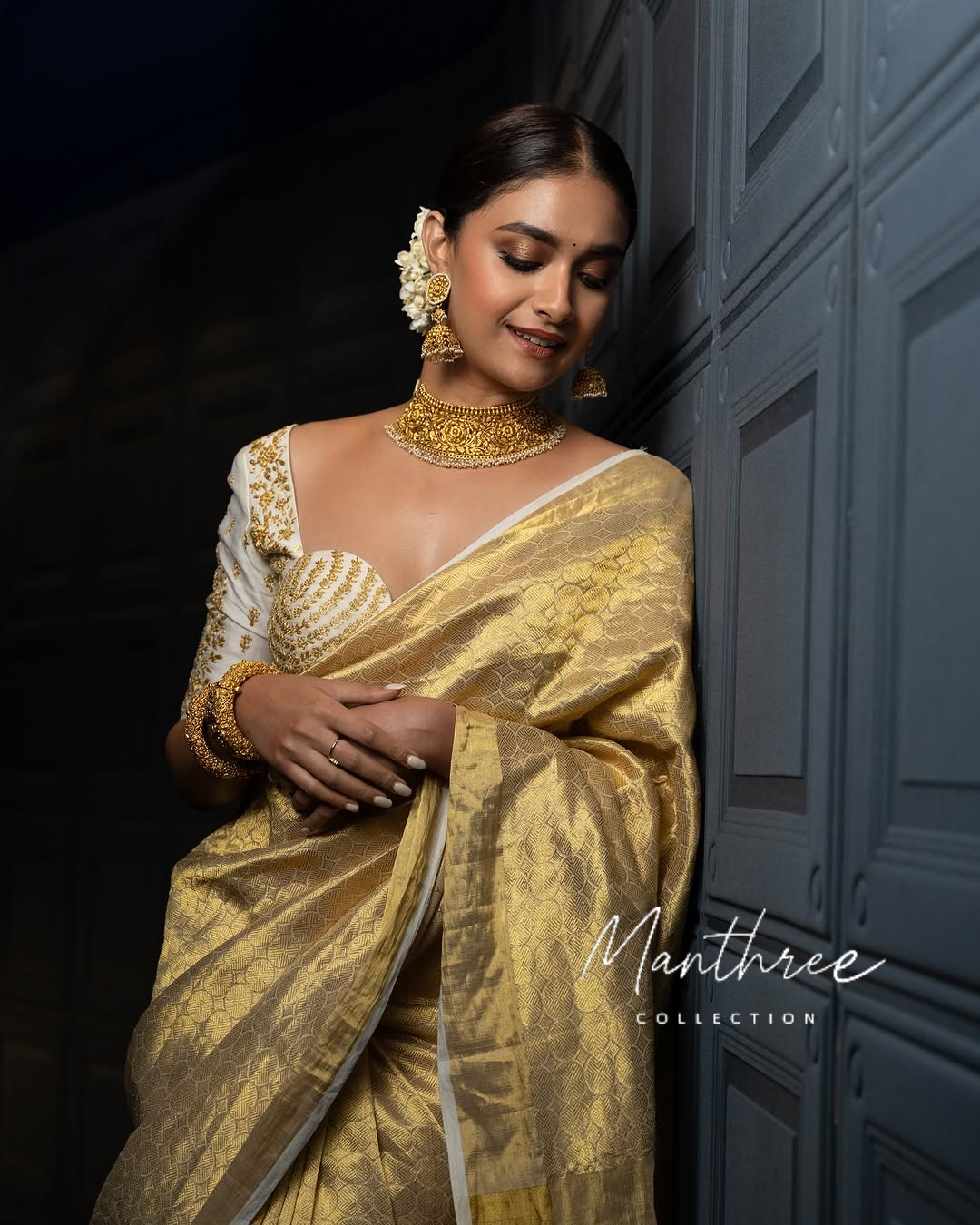 keerthy suresh gold tissue silk saree