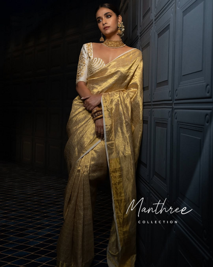 keerthy suresh gold tissue silk saree