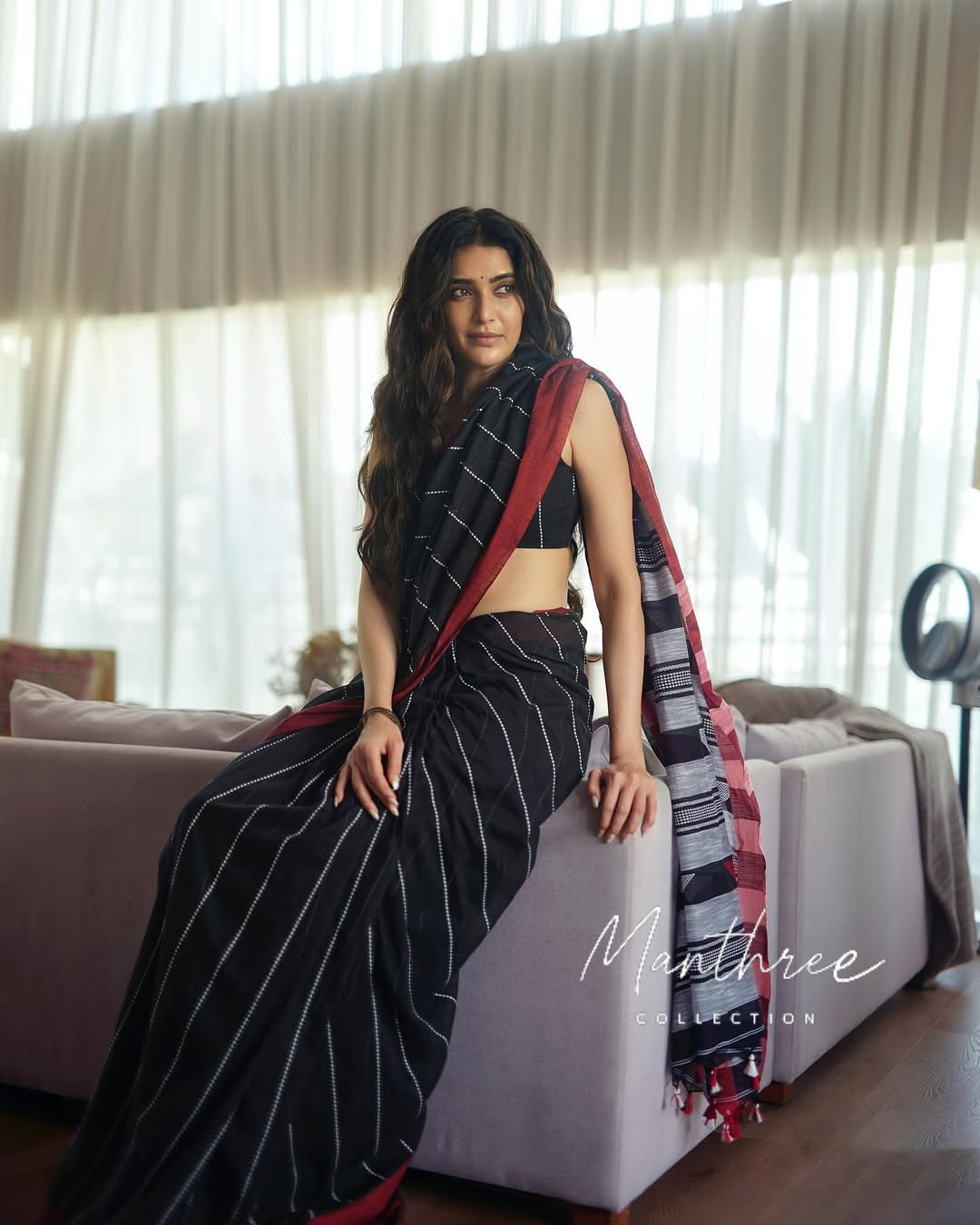 Karishma Tanna black white stripe cotton saree