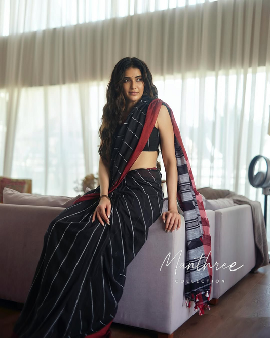 Karishma Tanna black white stripe cotton saree