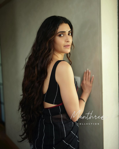 Karishma Tanna black white stripe cotton saree