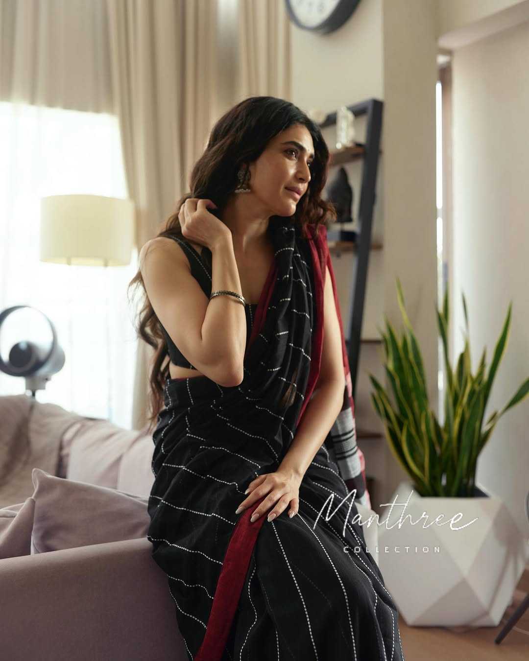 Karishma Tanna black white stripe cotton saree