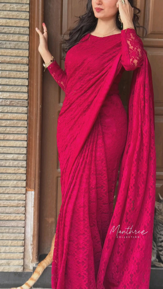 Red floral design netted saree
