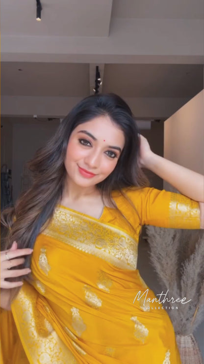 Yellow banarasi silk saree