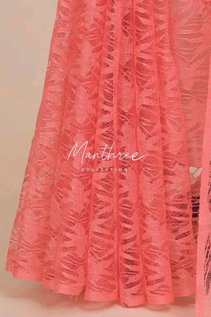 Red floral design netted saree