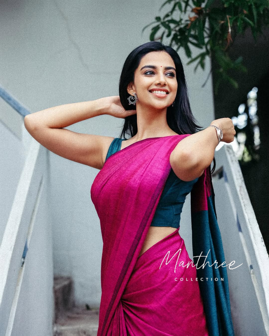Meenakshi Chaudhary pure cotton pink and blue saree.