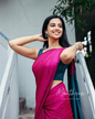 Meenakshi Chaudhary pure cotton pink and blue saree.