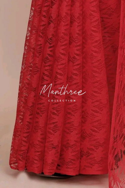 Red floral design netted saree