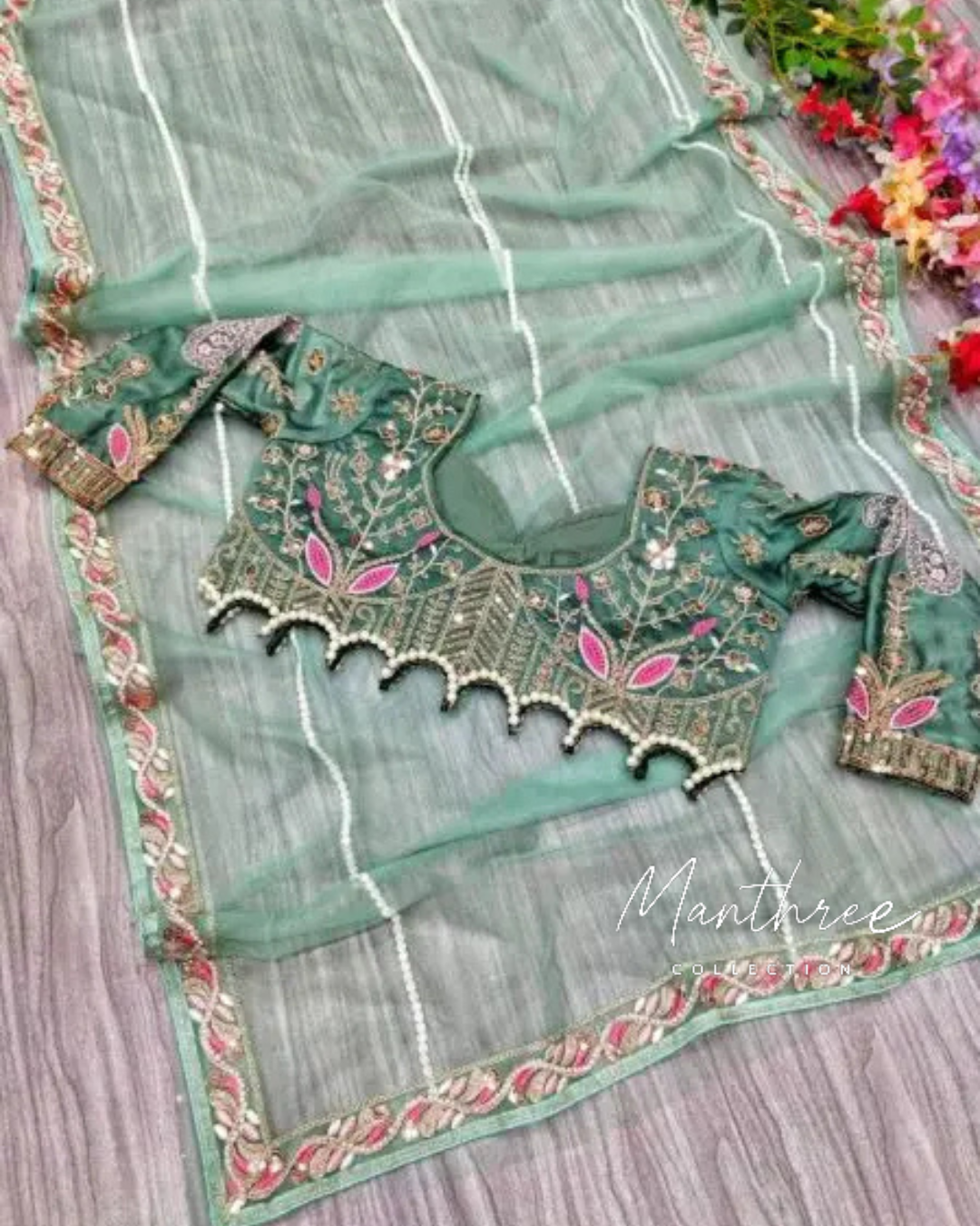 Designer Net Embellished Saree With Diamond Work Dori And sequence Work