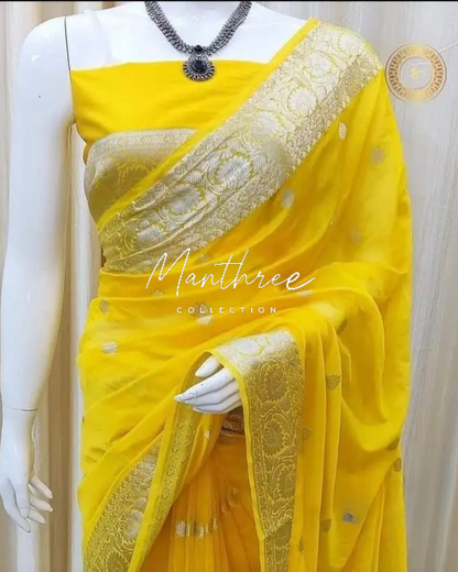 Hruta yellow banarasi silk saree