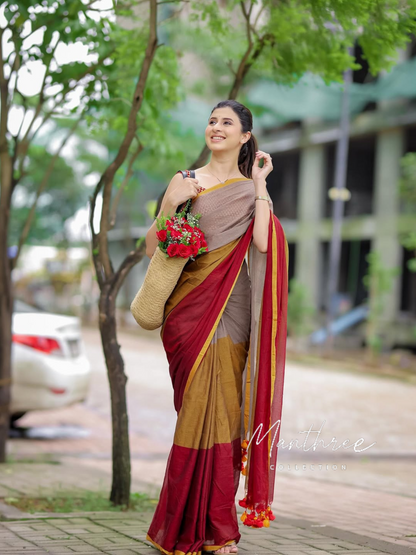 Multicolor Mulmul Cotton Saree With Tassels