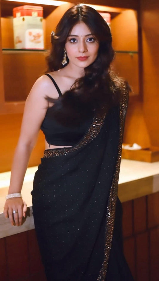 Beautiful Black Color Georgette Thread Sequence Work Saree