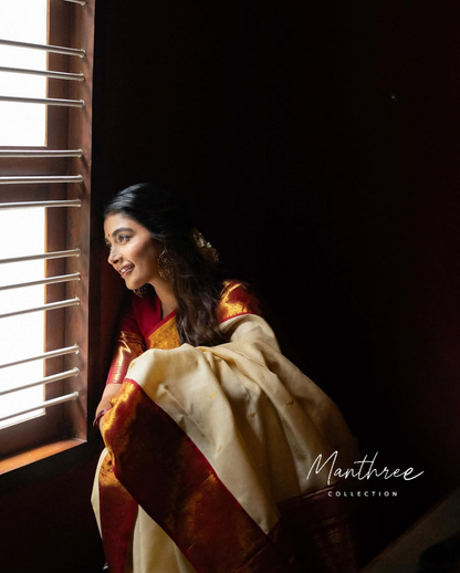 Pooja cream and red kanchipuram silk saree