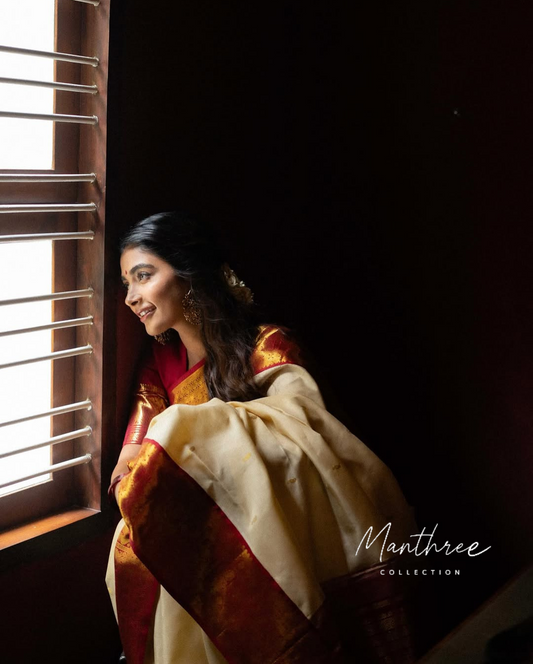 Pooja cream and red kanchipuram silk saree