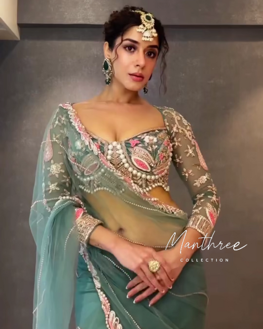 Designer Net Embellished Saree With Diamond Work Dori And sequence Work