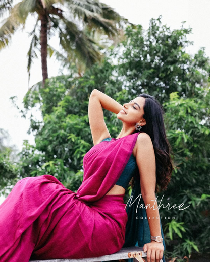 Meenakshi Chaudhary pure cotton pink and blue saree.