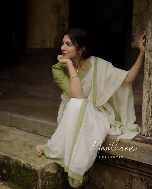 Madonna sabastian olive kasavu saree
