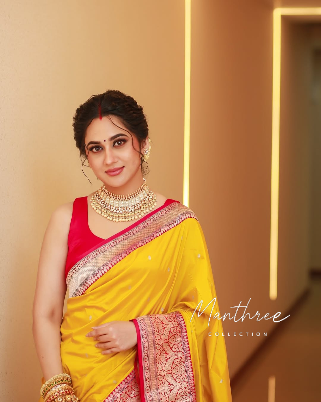 Mia george Yellow silk saree