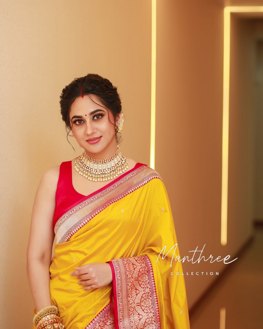Mia george Yellow silk saree