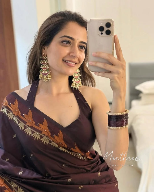 Ashika rangnath brown kanjivaram silk saree