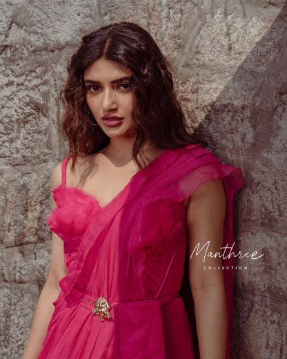 Sreeleela pink ruffle frill saree