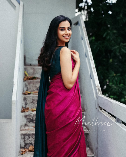 Meenakshi Chaudhary pure cotton pink and blue saree.